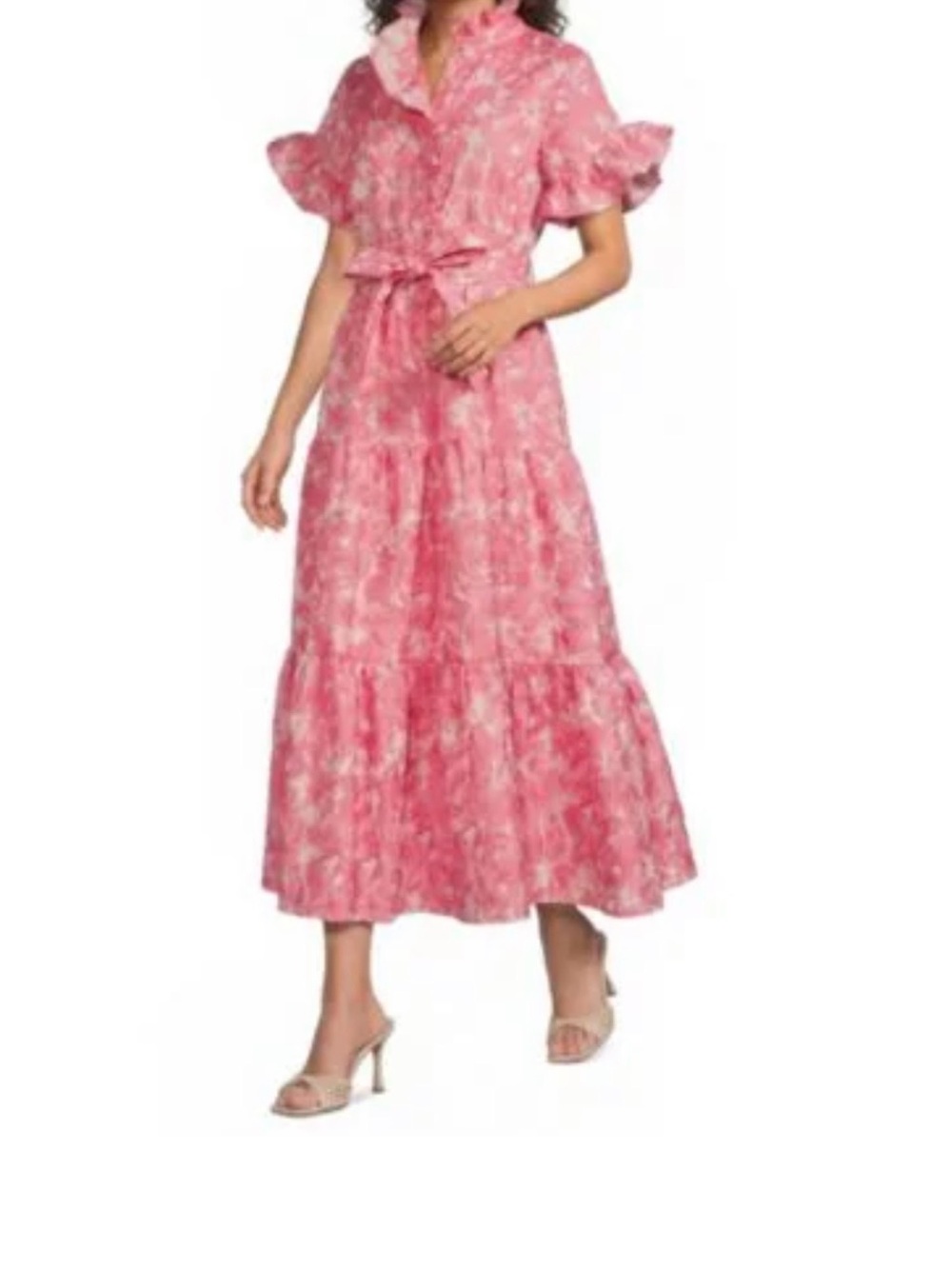 Pink Floral Tiered Maxi Dress with Ruffle Collar and Tie Waist
